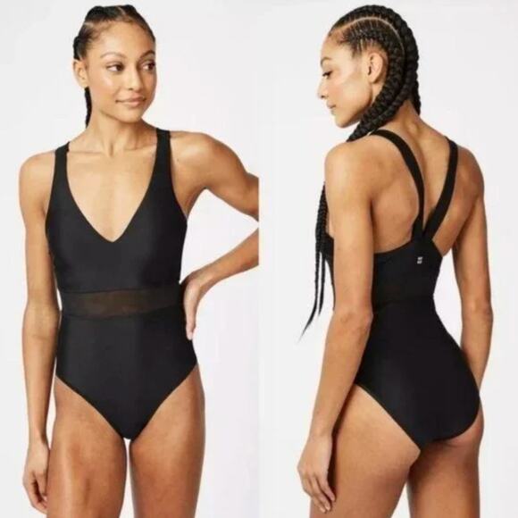 Sweaty Betty Carve Black Mesh Swimsuit Plunge Neck Racerback Strap Sz Small NEW - Picture 1 of 8